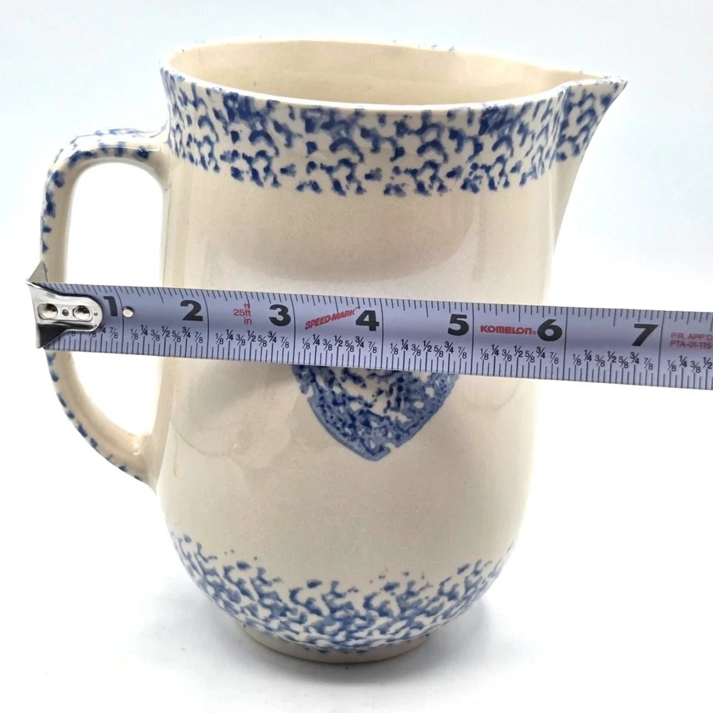 Blue Spongeware Ceramic Pitcher Cow Heart Design‎ Folk Craft Farmhouse Decor